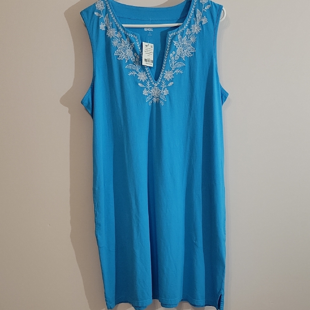 Lands' End Turquoise Blue Sleeveless Cover-Up/Sun dress w/ White Embroidery NWT